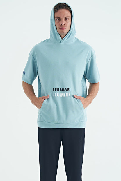 Light Blue Kangaroo Pocket Embroidered Hooded Men's T-Shirt - 88195