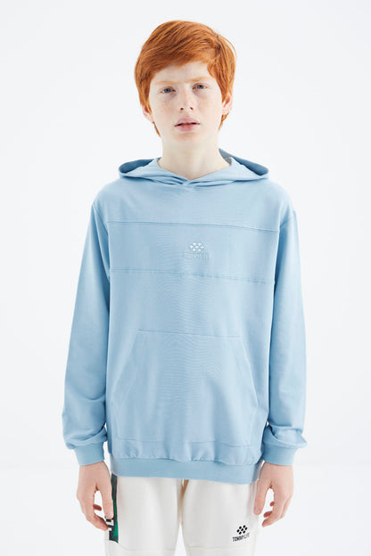 Light Blue Basic Hooded Boys' Sweatshirt - 11181