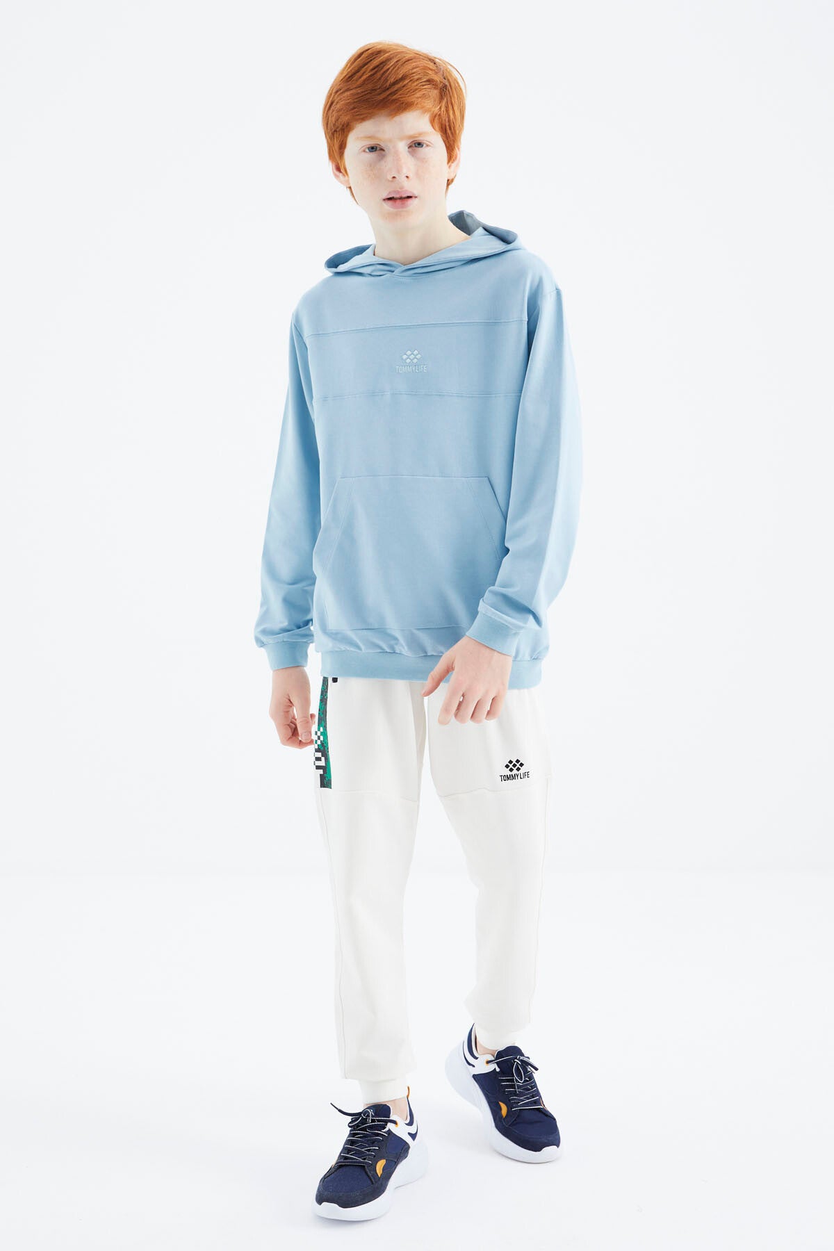 Light Blue Basic Hooded Boys' Sweatshirt - 11181