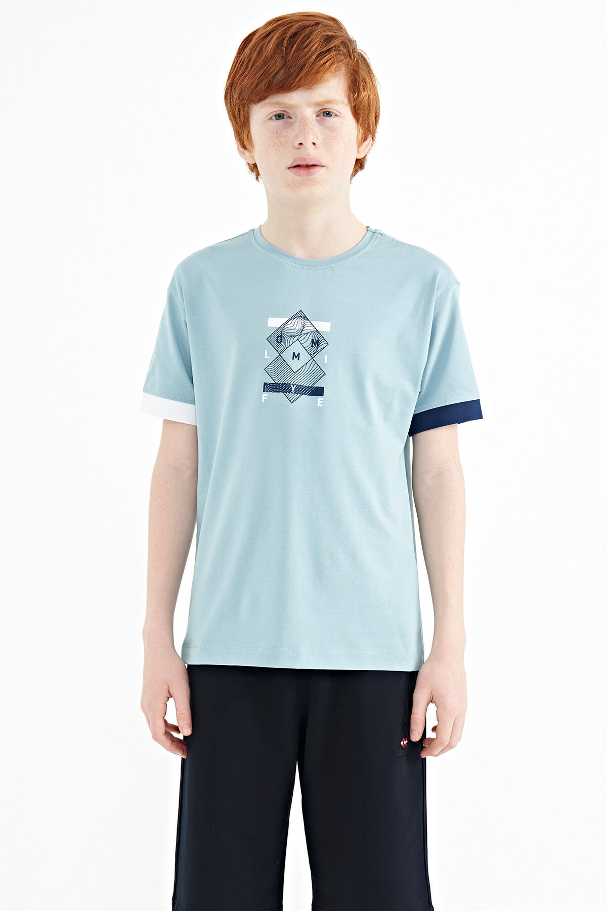 Light Blue Cuff Colored Detailed Printed Oversize Boys' T-Shirt - 11137