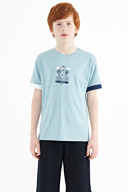 Light Blue Cuff Colored Detailed Printed Oversize Boys' T-Shirt - 11137