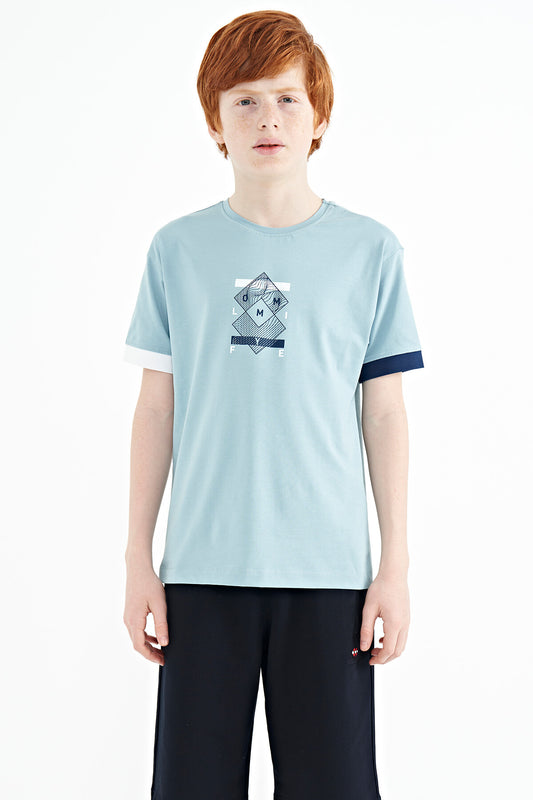 Light Blue Cuff Colored Detailed Printed Oversize Boys' T-Shirt - 11137