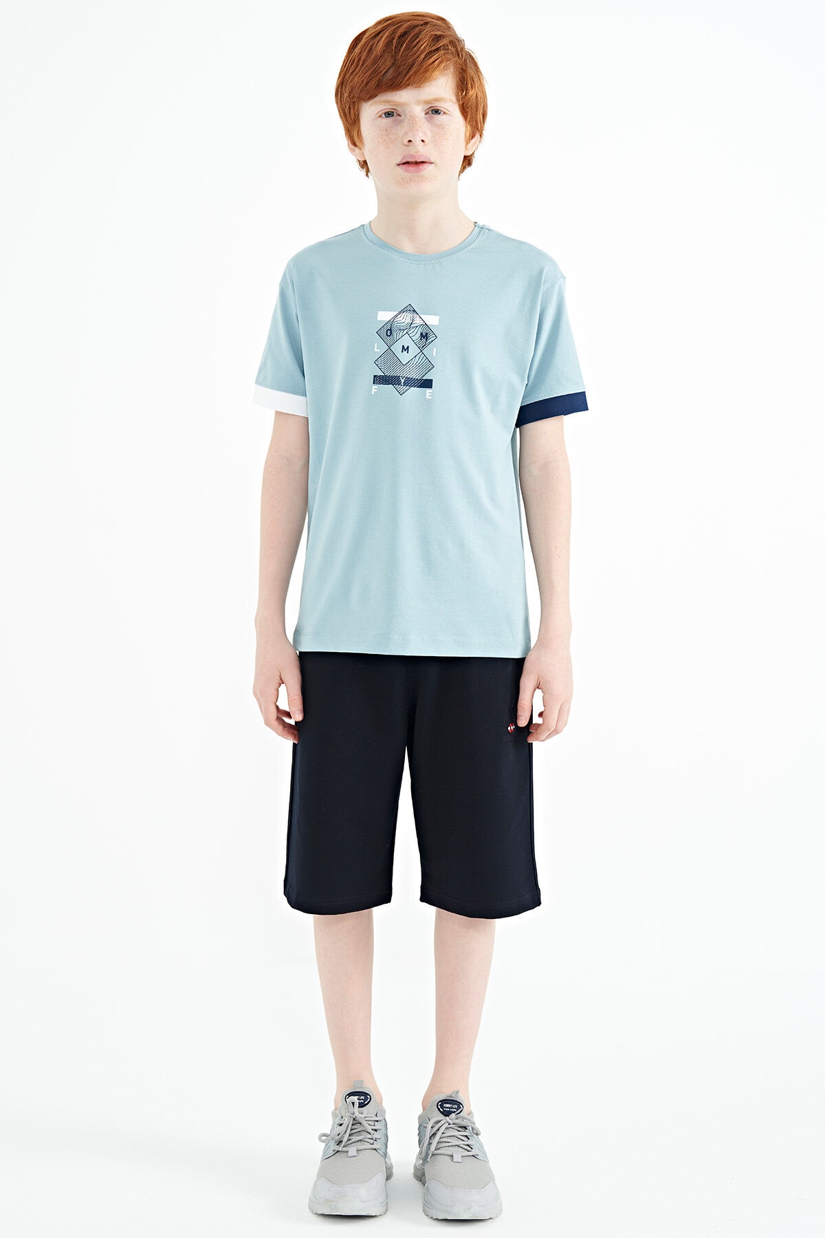 Light Blue Cuff Colored Detailed Printed Oversize Boys' T-Shirt - 11137