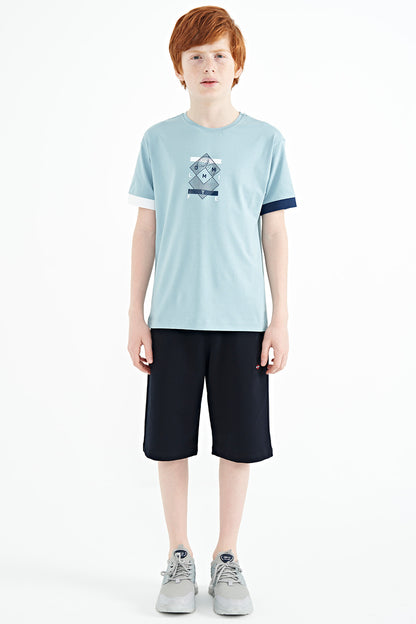 Light Blue Cuff Colored Detailed Printed Oversize Boys' T-Shirt - 11137