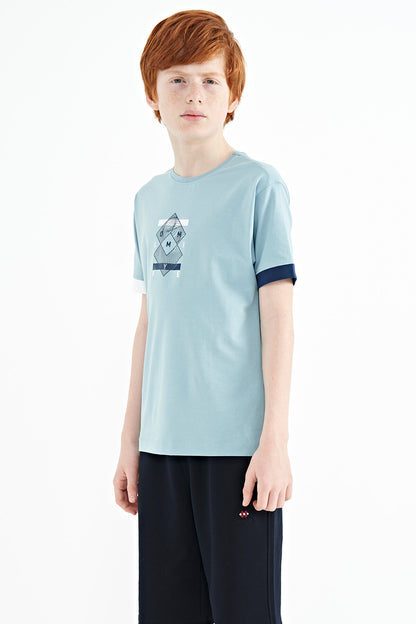 Light Blue Cuff Colored Detailed Printed Oversize Boys' T-Shirt - 11137