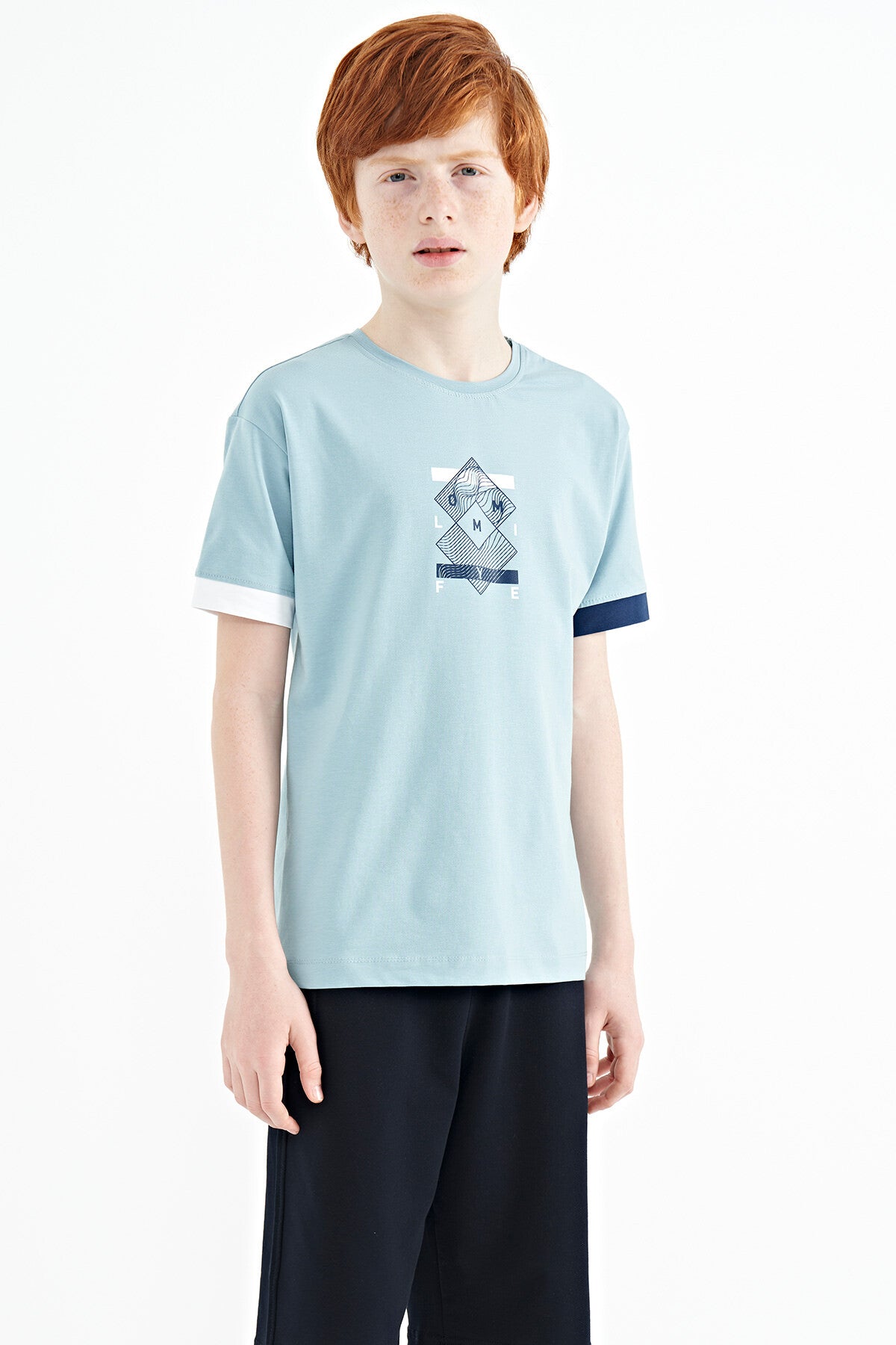 Light Blue Cuff Colored Detailed Printed Oversize Boys' T-Shirt - 11137