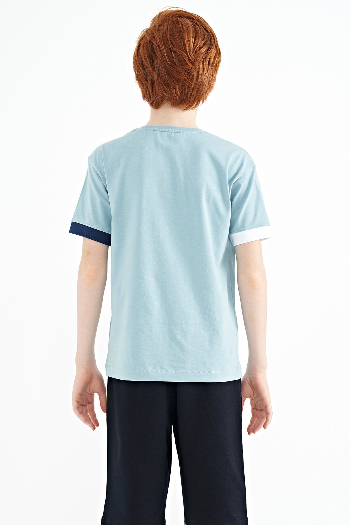 Light Blue Cuff Colored Detailed Printed Oversize Boys' T-Shirt - 11137