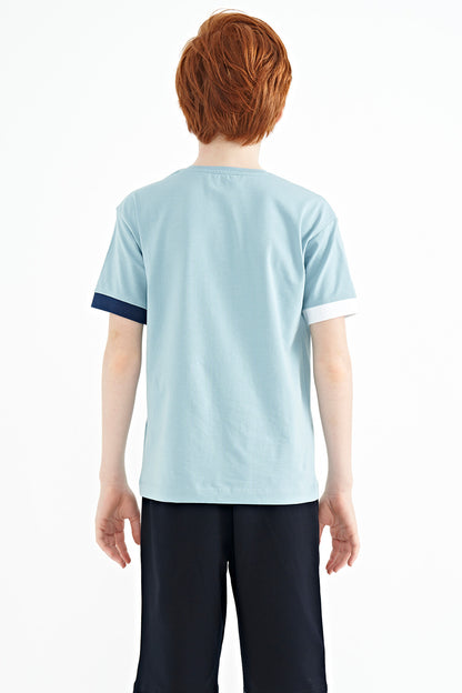 Light Blue Cuff Colored Detailed Printed Oversize Boys' T-Shirt - 11137