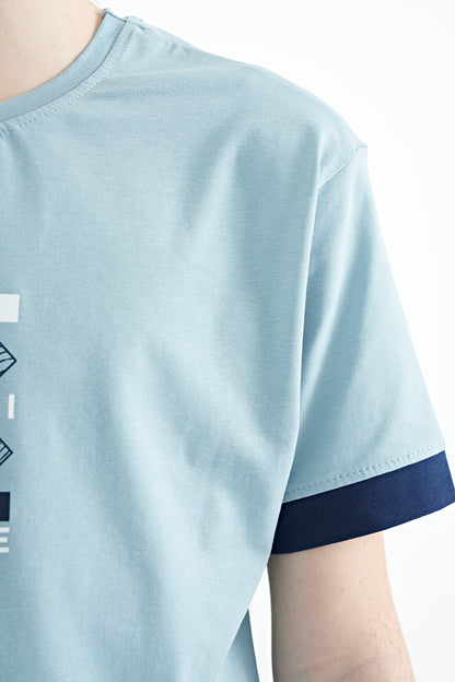 Light Blue Cuff Colored Detailed Printed Oversize Boys' T-Shirt - 11137