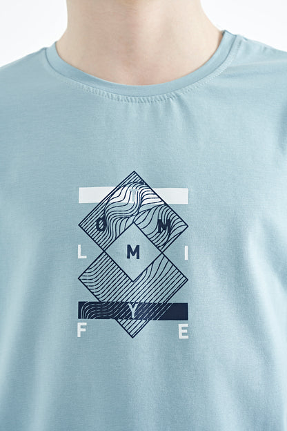 Light Blue Cuff Colored Detailed Printed Oversize Boys' T-Shirt - 11137
