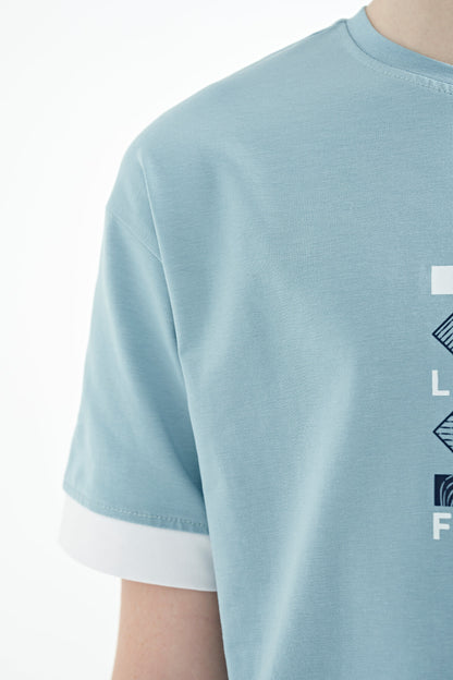 Light Blue Cuff Colored Detailed Printed Oversize Boys' T-Shirt - 11137