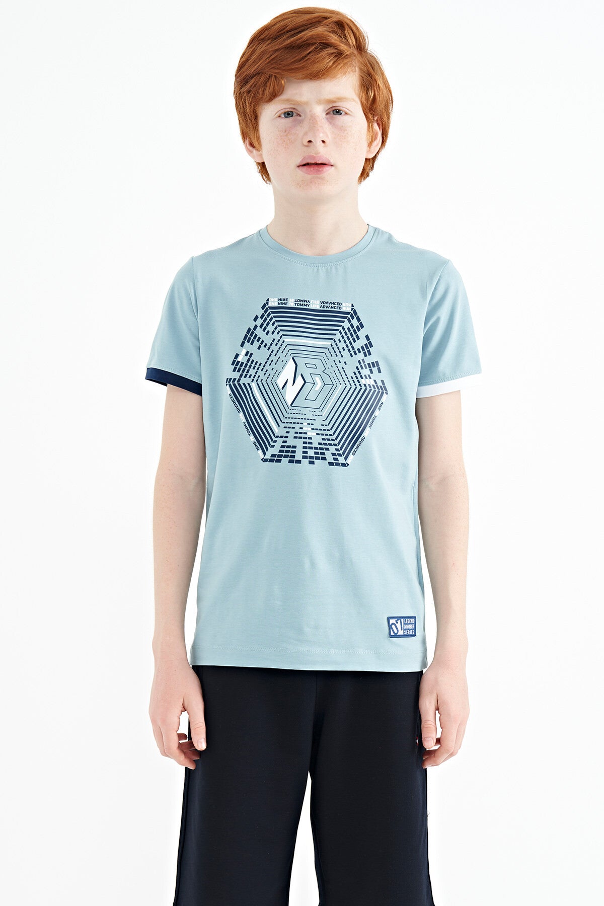 Light Blue Cuff Colored Detailed Printed Standard Fit Boys' T-Shirt - 11156