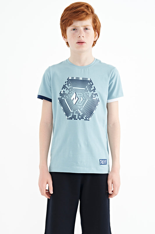 Light Blue Cuff Colored Detailed Printed Standard Fit Boys' T-Shirt - 11156
