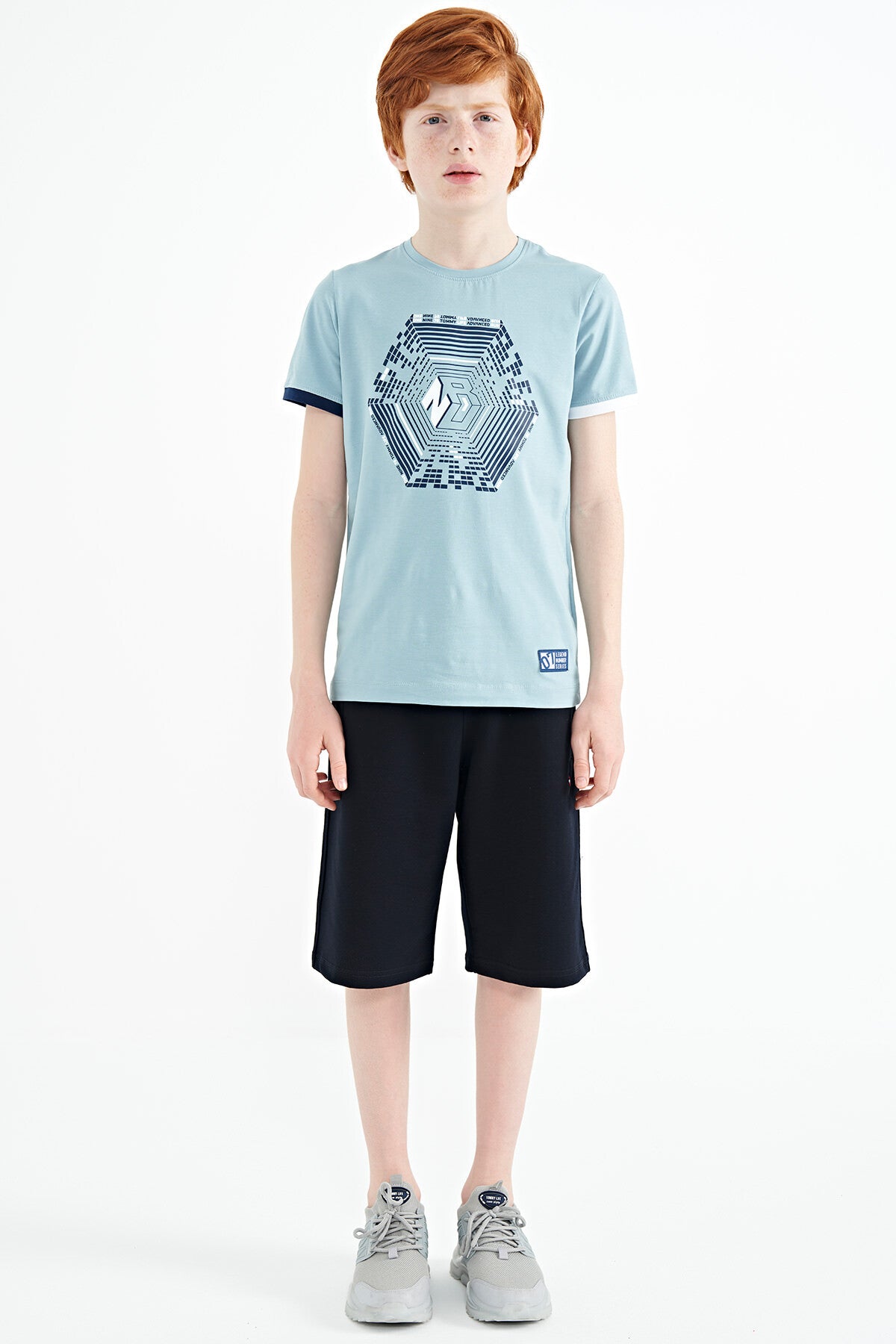 Light Blue Cuff Colored Detailed Printed Standard Fit Boys' T-Shirt - 11156