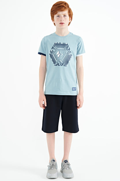 Light Blue Cuff Colored Detailed Printed Standard Fit Boys' T-Shirt - 11156