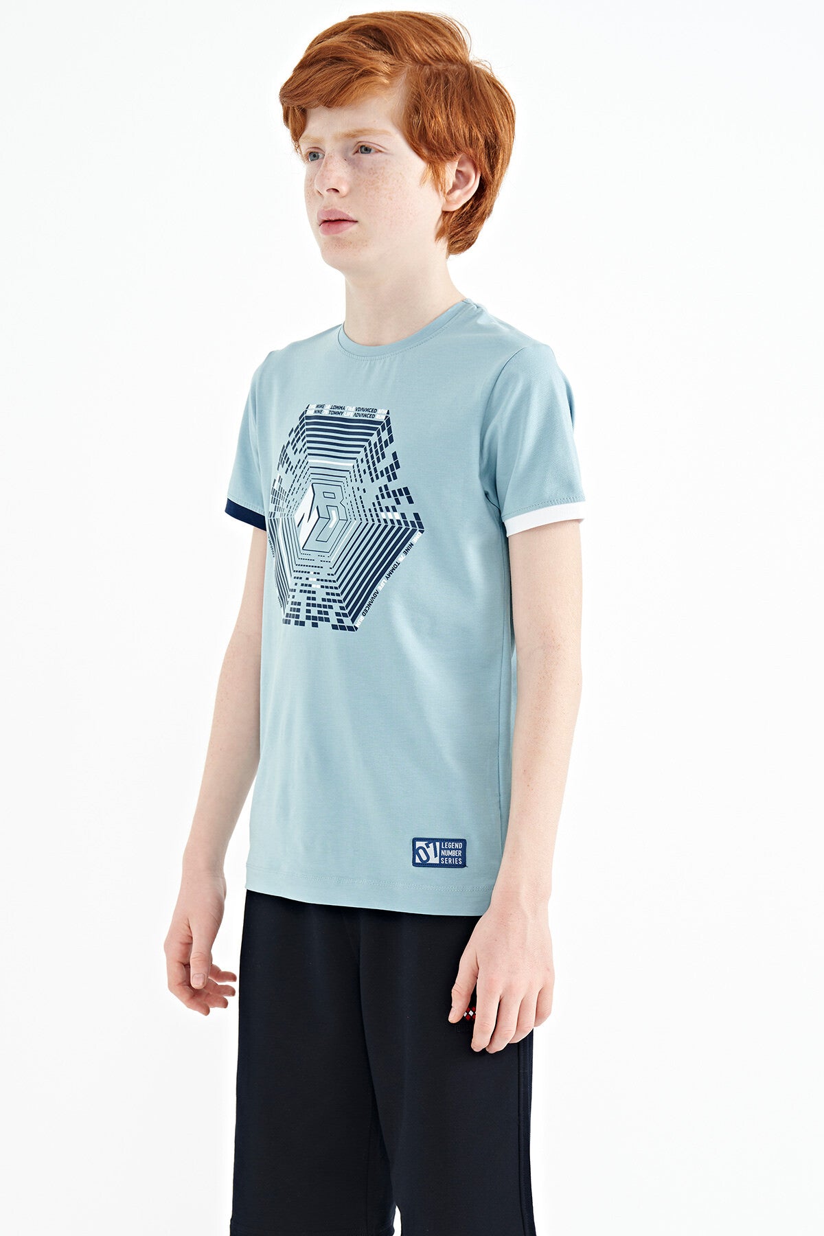 Light Blue Cuff Colored Detailed Printed Standard Fit Boys' T-Shirt - 11156