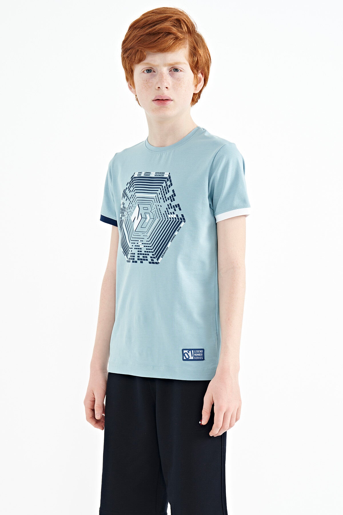 Light Blue Cuff Colored Detailed Printed Standard Fit Boys' T-Shirt - 11156