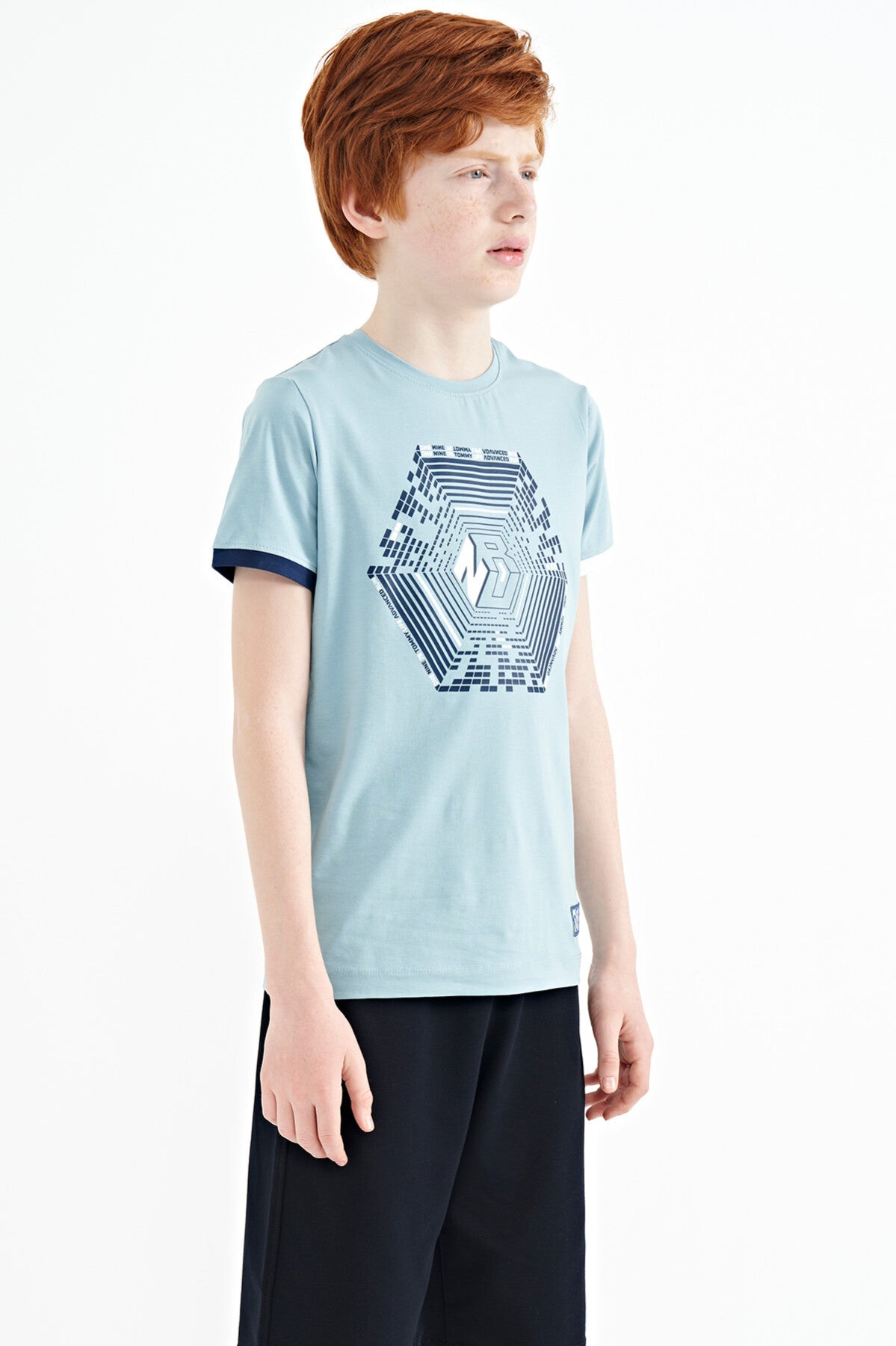 Light Blue Cuff Colored Detailed Printed Standard Fit Boys' T-Shirt - 11156