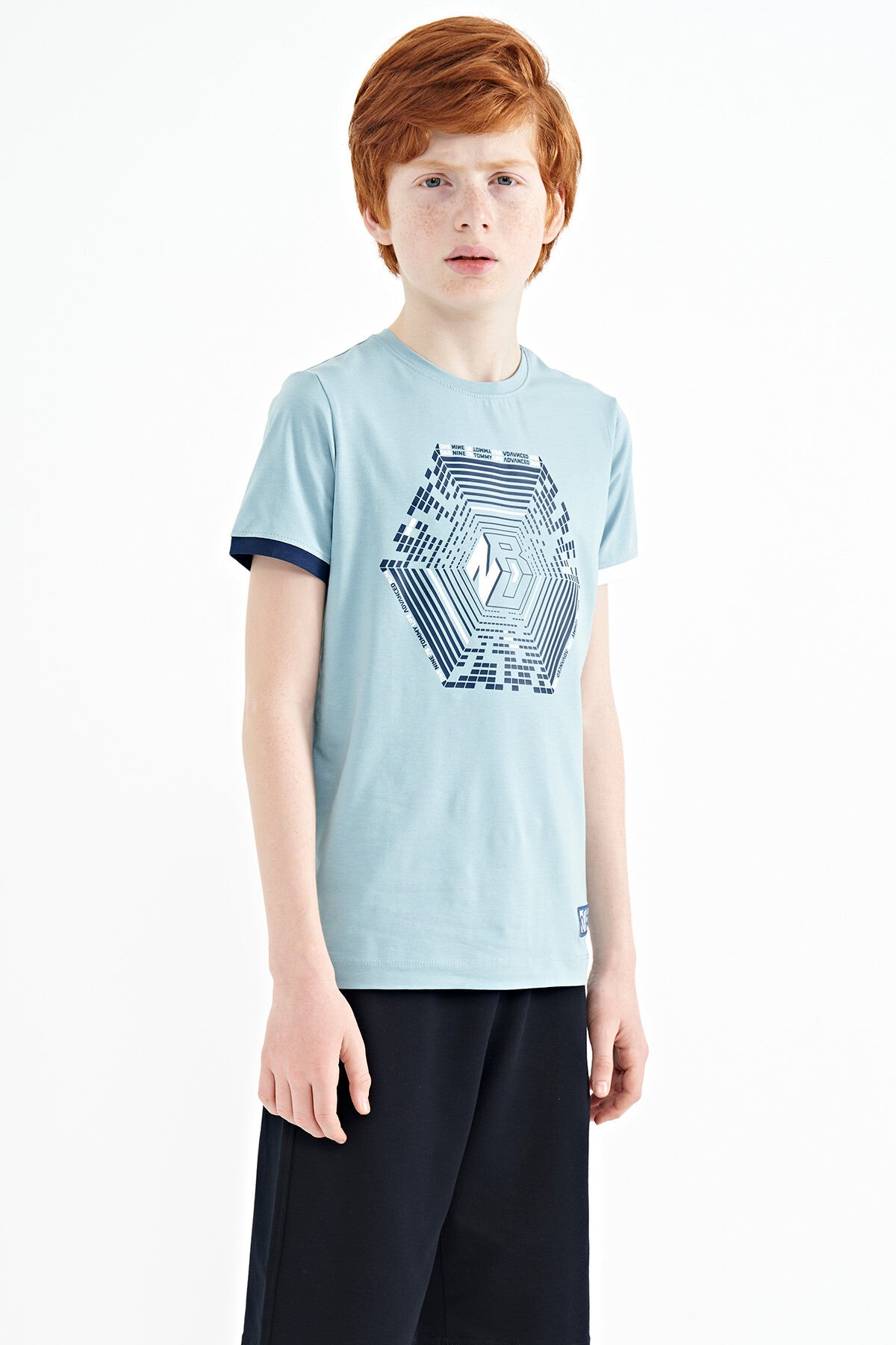 Light Blue Cuff Colored Detailed Printed Standard Fit Boys' T-Shirt - 11156