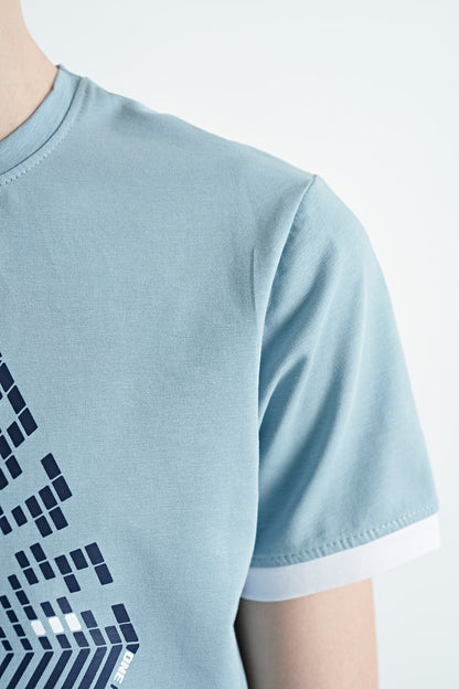 Light Blue Cuff Colored Detailed Printed Standard Fit Boys' T-Shirt - 11156
