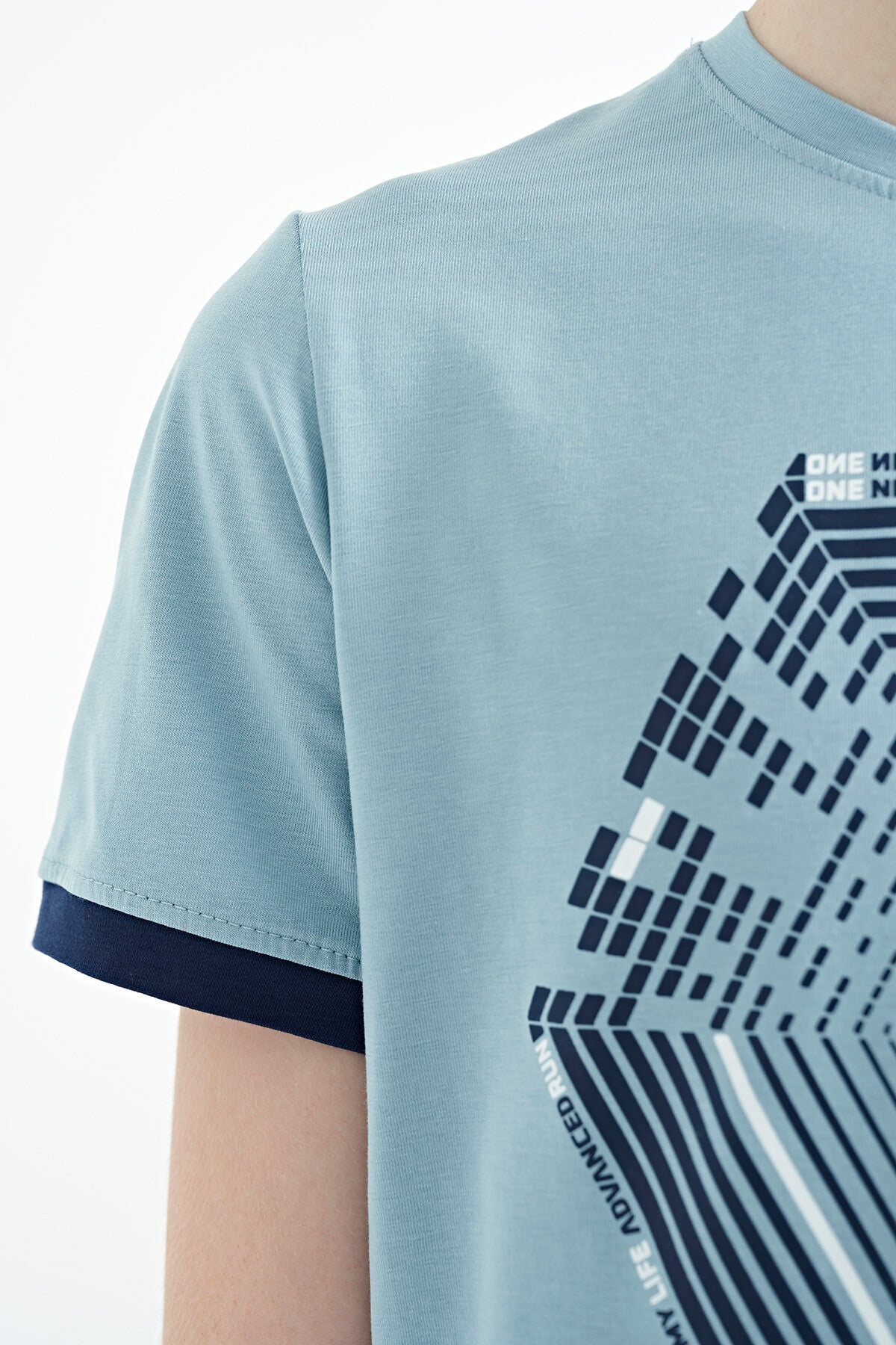 Light Blue Cuff Colored Detailed Printed Standard Fit Boys' T-Shirt - 11156