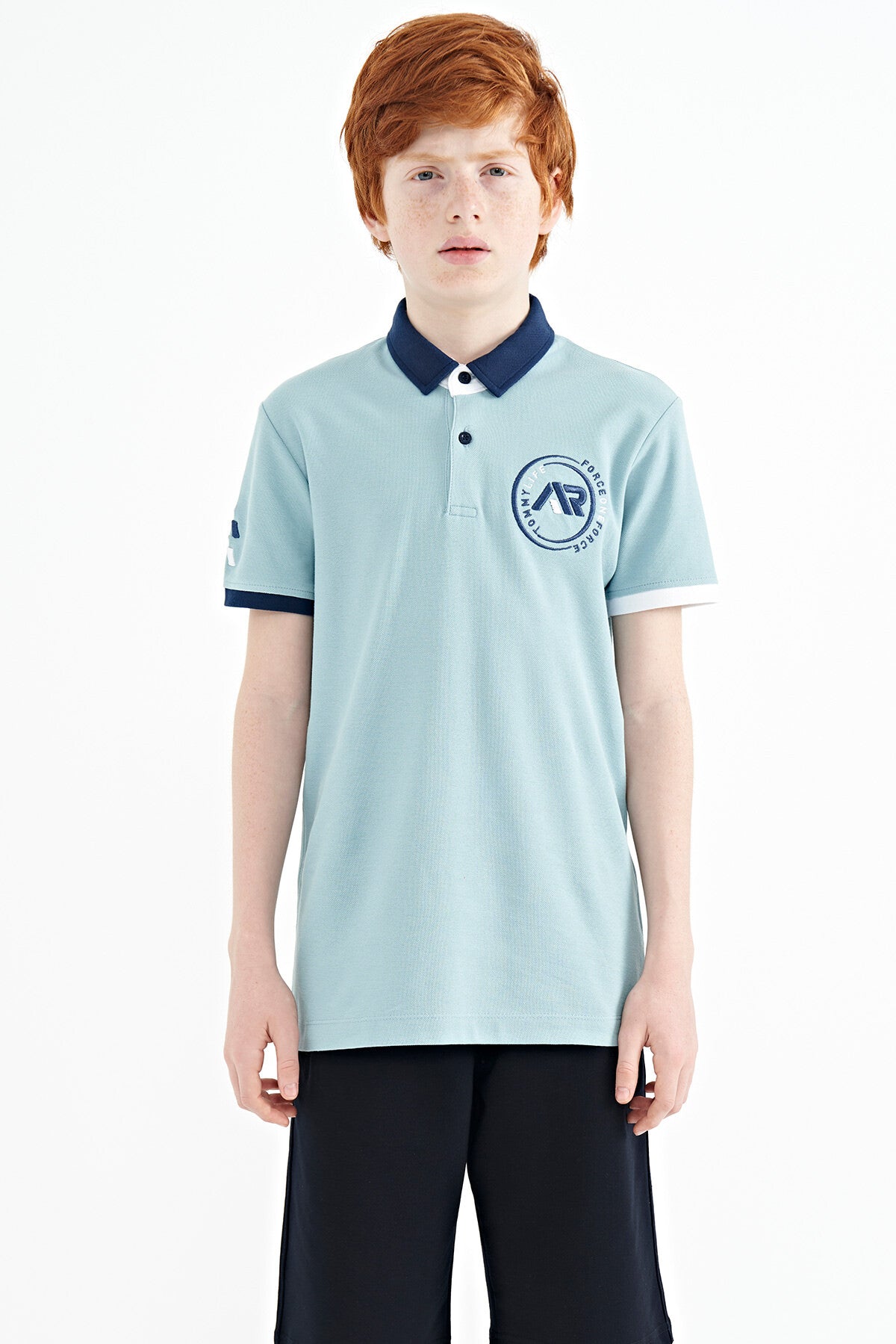 Light Blue Cuff Colored Logo Embroidered Standard Fit Polo Collar Boys T-Shirt - 11138