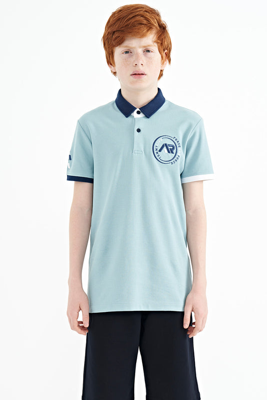 Light Blue Cuff Colored Logo Embroidered Standard Fit Polo Collar Boys T-Shirt - 11138
