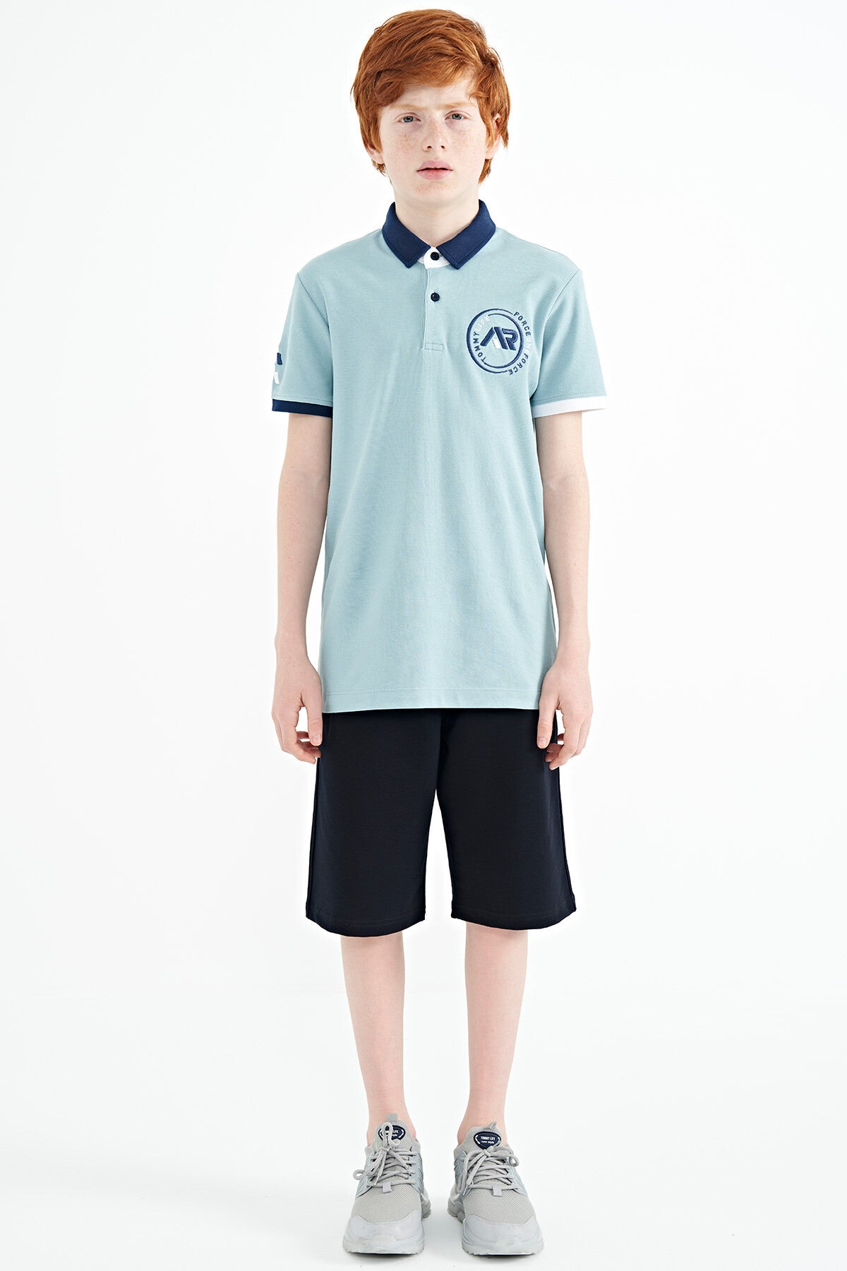Light Blue Cuff Colored Logo Embroidered Standard Fit Polo Collar Boys T-Shirt - 11138