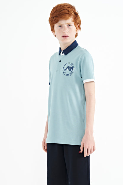Light Blue Cuff Colored Logo Embroidered Standard Fit Polo Collar Boys T-Shirt - 11138
