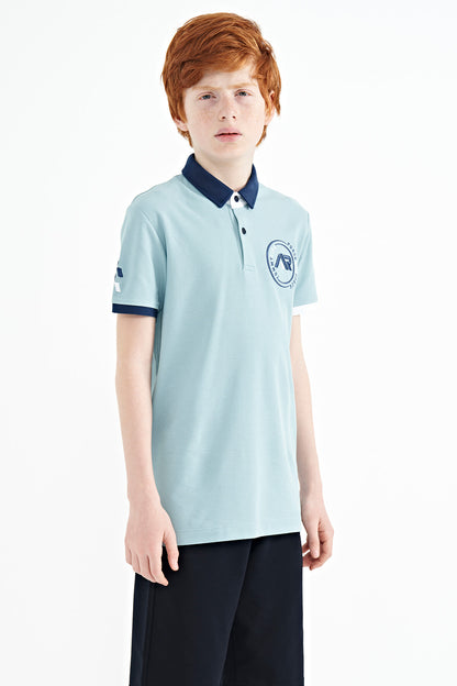 Light Blue Cuff Colored Logo Embroidered Standard Fit Polo Collar Boys T-Shirt - 11138