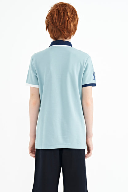 Light Blue Cuff Colored Logo Embroidered Standard Fit Polo Collar Boys T-Shirt - 11138