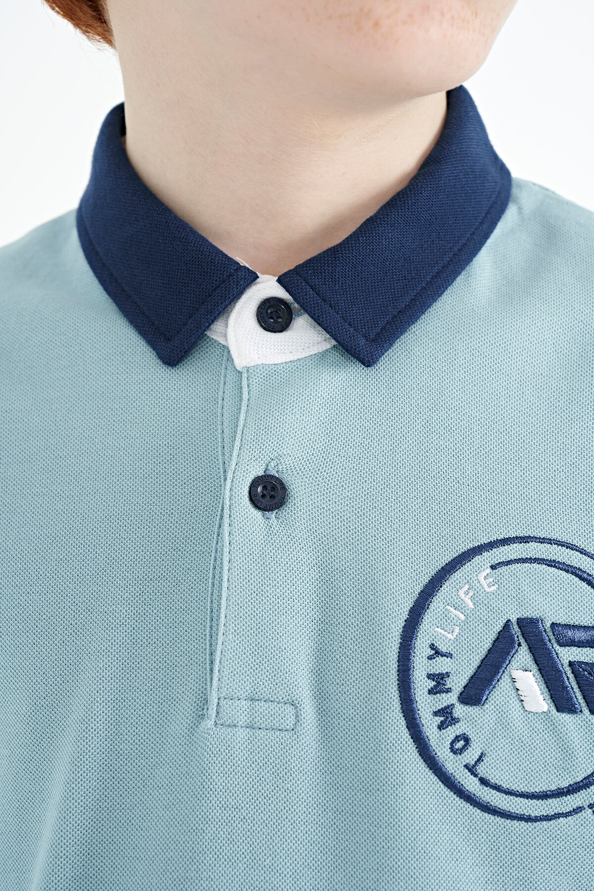 Light Blue Cuff Colored Logo Embroidered Standard Fit Polo Collar Boys T-Shirt - 11138
