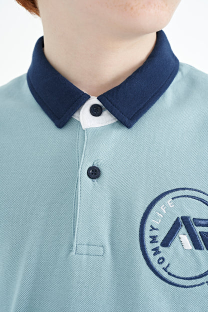 Light Blue Cuff Colored Logo Embroidered Standard Fit Polo Collar Boys T-Shirt - 11138