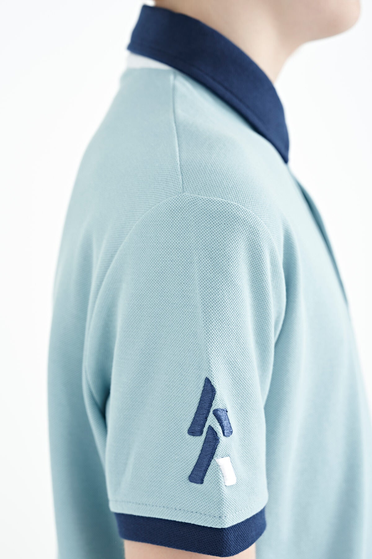 Light Blue Cuff Colored Logo Embroidered Standard Fit Polo Collar Boys T-Shirt - 11138