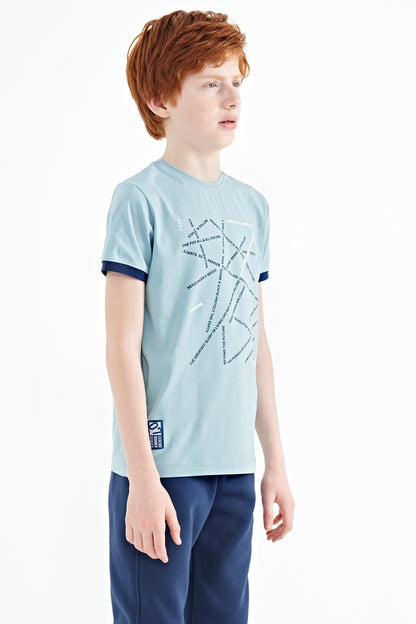Light Blue Minimal Print Standard Fit O Collar Boys T-Shirt - 11132