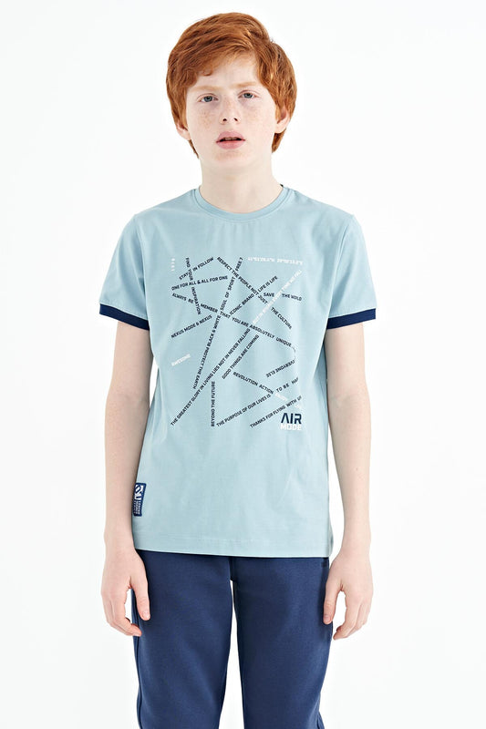 Light Blue Minimal Print Standard Fit O Collar Boys T-Shirt - 11132