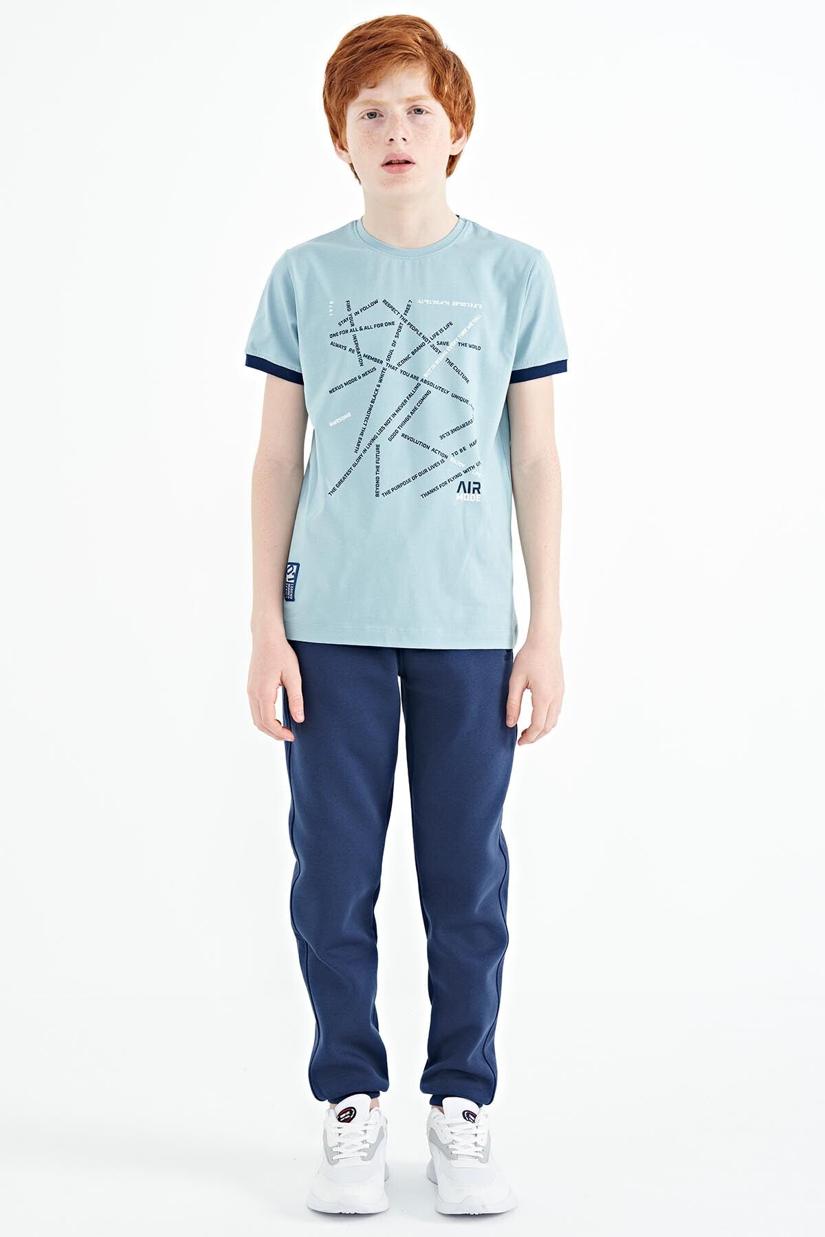Light Blue Minimal Print Standard Fit O Collar Boys T-Shirt - 11132
