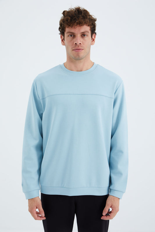 Light Blue O Collar Front Stitch Detailed Basic Relax Fit Men's Sweatshirt - 88270