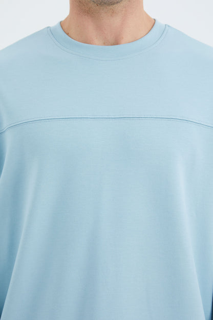 Light Blue O Collar Front Stitch Detailed Basic Relax Fit Men's Sweatshirt - 88270