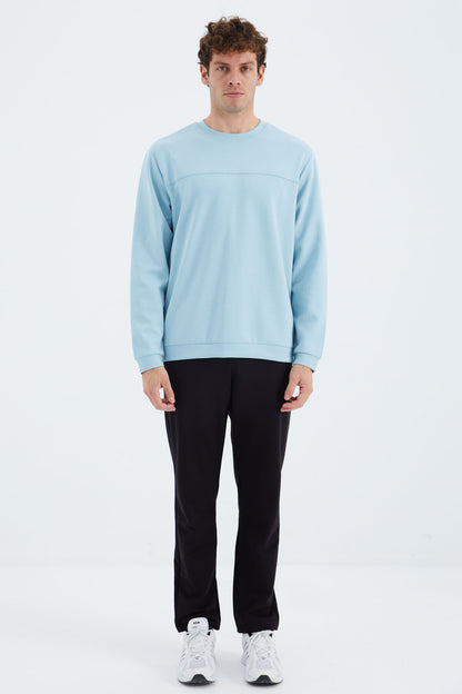 Light Blue O Collar Front Stitch Detailed Basic Relax Fit Men's Sweatshirt - 88270
