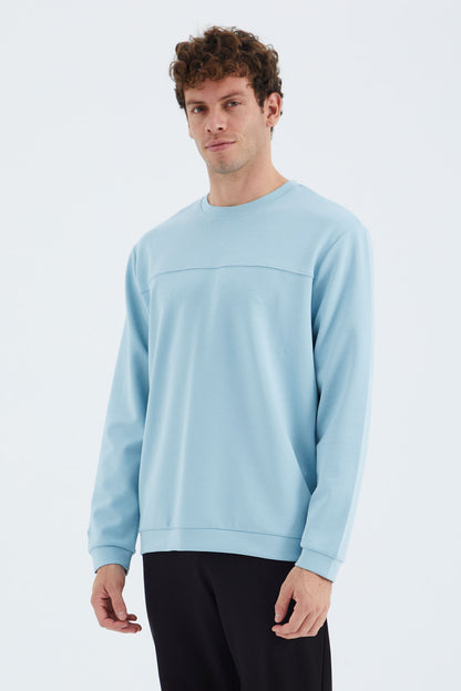 Light Blue O Collar Front Stitch Detailed Basic Relax Fit Men's Sweatshirt - 88270