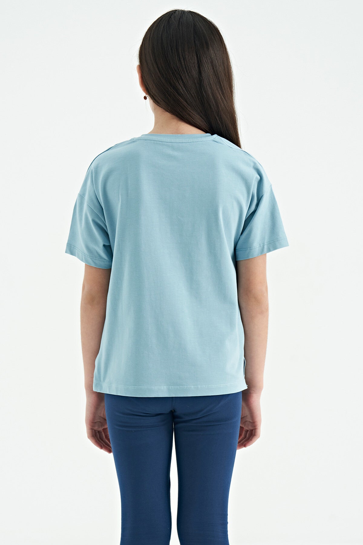 Light Blue O Collar Print Low Shoulder Oversize Girl's T-Shirt - 75115