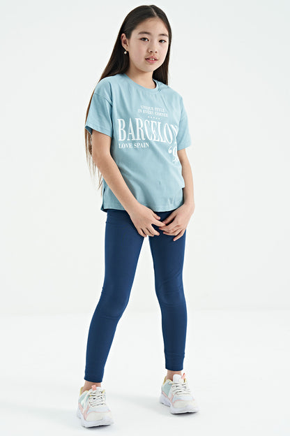 Light Blue O Collar Print Low Shoulder Oversize Girl's T-Shirt - 75115