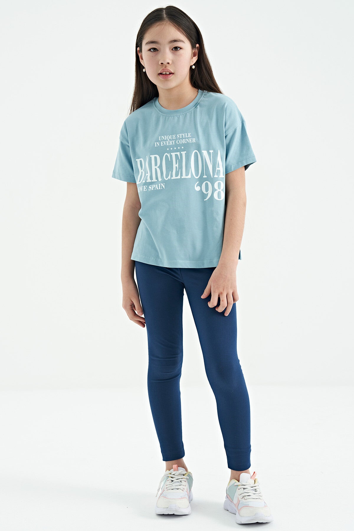 Light Blue O Collar Print Low Shoulder Oversize Girl's T-Shirt - 75115