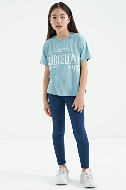 Light Blue O Collar Print Low Shoulder Oversize Girl's T-Shirt - 75115