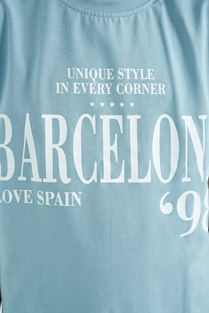 Light Blue O Collar Print Low Shoulder Oversize Girl's T-Shirt - 75115