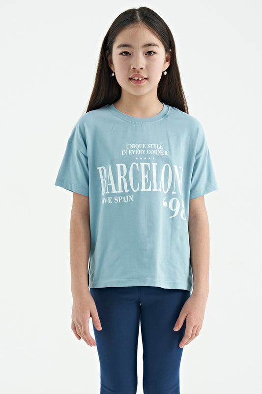 Light Blue O Collar Print Low Shoulder Oversize Girl's T-Shirt - 75115