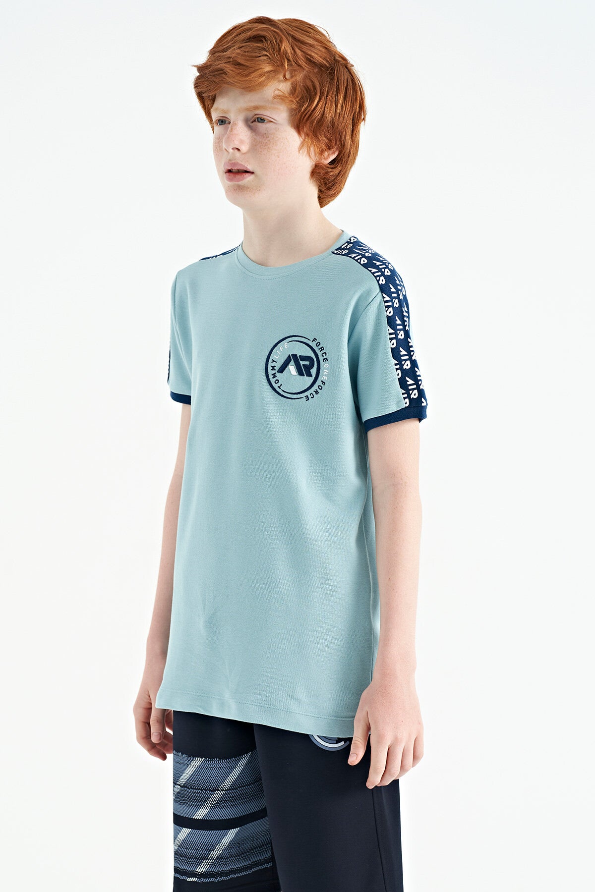 Light Blue Shoulder Print Detailed Standard Fit O Collar Boys T-Shirt - 11121