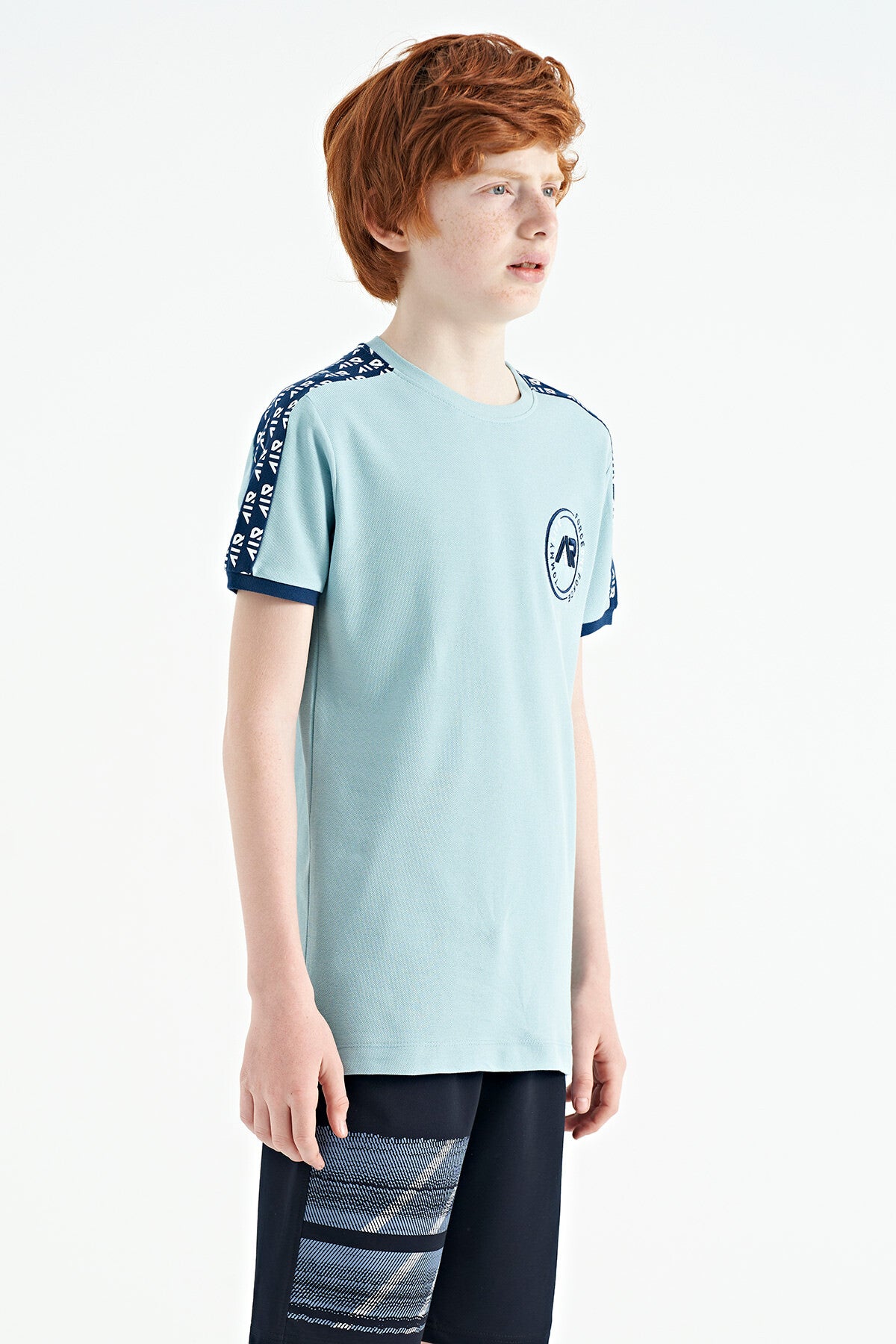Light Blue Shoulder Print Detailed Standard Fit O Collar Boys T-Shirt - 11121