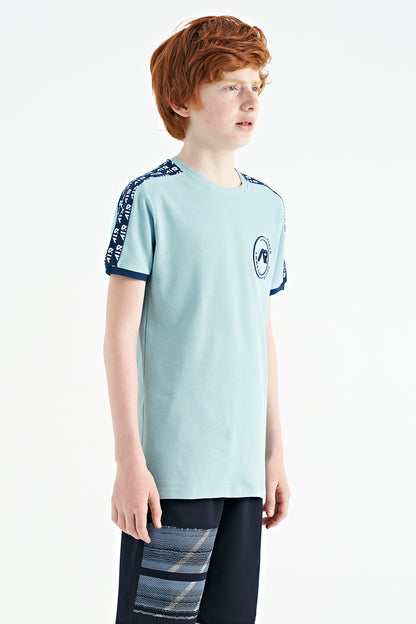 Light Blue Shoulder Print Detailed Standard Fit O Collar Boys T-Shirt - 11121